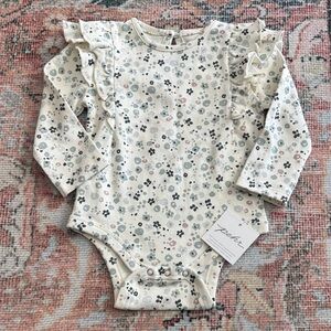 NWT! Pehr Floral Ruffle Long Sleeve Baby Bodysuit - Cream and Blue and Mauve